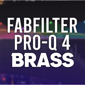 Può includere: Uno sfondo viola e blu con una grafica bianca che recita "FABFILTER PRO-Q 4 BRASS".