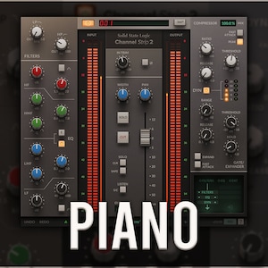 Puede incluir: Primer plano de una interfaz de estación de trabajo de audio digital con un esquema de color rojo y gris. La interfaz tiene una variedad de perillas, deslizadores y botones. El texto "Solid State Logic Channel Strip 2" se muestra en la interfaz. La palabra "PIANO" se muestra en letras blancas grandes debajo de la interfaz.