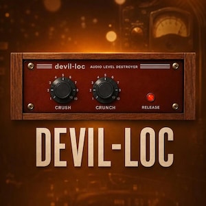 Könnte beinhalten: Ein rechteckiges Audioprozessor-Gerät mit dunkelroter Frontplatte, Holzrahmen und zwei schwarzen Drehreglern mit der Beschriftung CRUSH und CRUNCH. Ein kleines rotes Licht ist mit RELEASE beschriftet. Der Text devil-loc AUDIO LEVEL DESTROYER steht darüber.