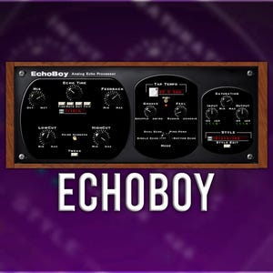 Puede incluir: Una interfaz de plugin de audio digital con el texto "EchoBoy Analog Echo Processor" y "EchoBoy" en una fuente grande. La interfaz tiene perillas y deslizadores para ajustar el tiempo de eco, la retroalimentación, el tempo de toque, la saturación y el estilo.