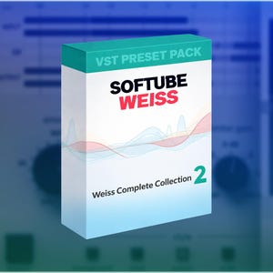 May include: A white box with a teal top and the text "VST PRESET PACK" and "SOFTUBE WEISS" in red and black. The box also says "Weiss Complete Collection 2" with a wave design.