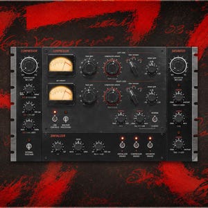 May include: A black audio processing unit with various knobs, dials, and meters. The unit includes a compressor, saturator, and spatializer, with a retro design. The background is a dark, textured surface with red brushstrokes.