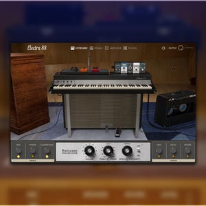 May include: A digital piano interface labelled "Electra 88" with a keyboard, pedals, and amplifier controls. The interface features a black and white keyboard, a grey cabinet, and a black amplifier. The interface has a "Suitcase" preamplifier.