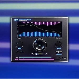 Op de afbeelding: Een zwarte audio plugin-interface met de tekst "IDX Intelligent Dynamics" en een blauwe en roze audio spectrum analyzer. De interface heeft knoppen voor "Speed", "Output" en "Mix".