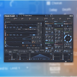 May include: A digital audio workstation interface titled PHASE PLANT featuring a dark gray background with multiple blue control knobs, sliders, signal graphs, and modular routing lanes for sound synthesis and audio processing.