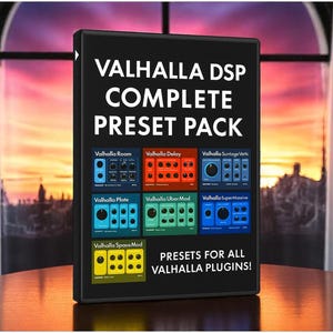 Puede incluir: Una caja negra con el texto "VALHALLA DSP COMPLETE PRESET PACK" en blanco. La caja muestra varias interfaces de plugins coloridas, incluyendo "Valhalla Room", "Valhalla Delay" y "Valhalla Uber Mod". También se ve el texto "PRESETS FOR ALL VALHALLA PLUGINS!"