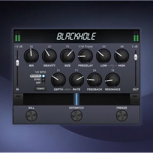 Puede incluir: Un plugin de interfaz de audio digital titulado BLACKHOLE con un panel de control gris oscuro que incluye múltiples perillas giratorias negras etiquetadas como Mix, Gravity, Size, Predelay, Low, High, Depth, Rate, Feedback y Resonance, además de botones Kill, Hotswitch y Freeze.