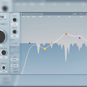 Screenshot of Soothe2 plugin interface by oeksound, showcasing advanced dynamic resonance suppression with intuitive controls for frequency and intensity. Designed to reduce harshness and unwanted frequencies in vocals, instruments, and mixes