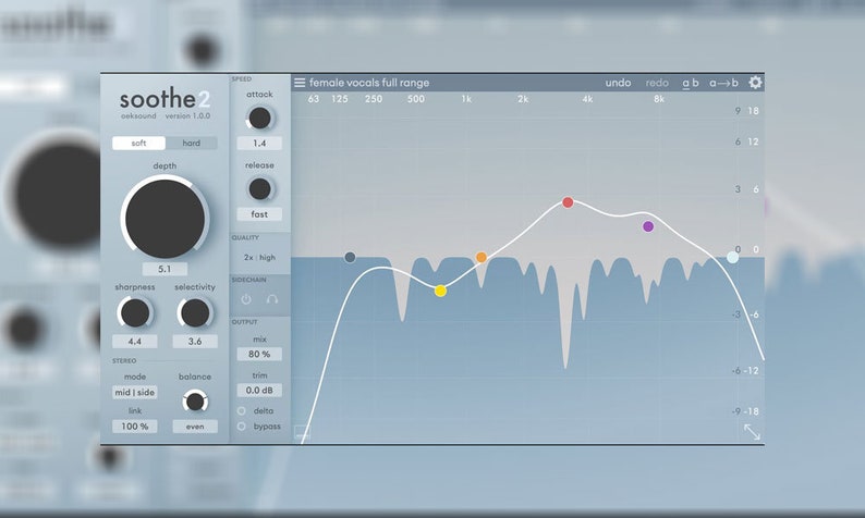 Screenshot of Soothe2 plugin interface by oeksound, showcasing advanced dynamic resonance suppression with intuitive controls for frequency and intensity. Designed to reduce harshness and unwanted frequencies in vocals, instruments, and mixes