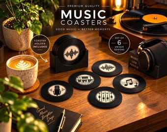 Music Coasters Set of 6 - Gift for Musicians and DJs, Recording Studio Decor