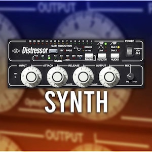 Op de afbeelding: Een zwarte en zilveren audiocompressor met de tekst "Distressor" en knoppen met de labels "Input", "Attack", "Ratio", "Release", "Output" en "Mix". De tekst "SYNTH" staat onder de compressor.