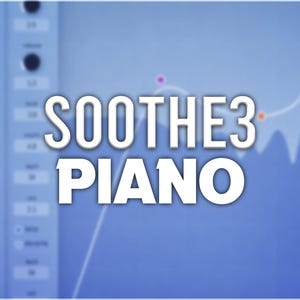 May include: A blue-toned graphic with the text "SOOTHE3 PIANO" in white, bold letters. The background features a blurred interface with knobs and sliders, and a waveform graph with colored markers.