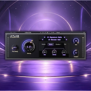 Puede incluir: Una interfaz de plugin de audio digital etiquetada como ATLAS Pure Algorithmic Reverb. El panel gris oscuro cuenta con una perilla central grande de Decay, una perilla de Pre Delay y una pantalla que muestra 01 Signature Halls y 01 Wonder Hall. Incluye controles para Size, Density, Depth, Mix y Output.