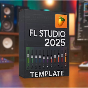 Puede incluir: Una caja negra con el texto "FL STUDIO 2025 TEMPLATE" y un gráfico de una fruta verde. La caja tiene un gráfico de una mesa de mezclas con controles deslizantes coloridos. El fondo incluye equipos de estudio.