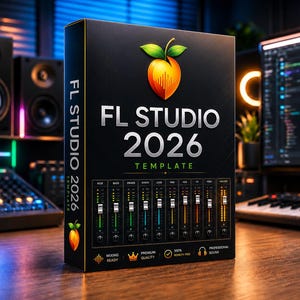 May include: A black rectangular box for an FL Studio 2026 template. The front features a peach graphic, the text FL STUDIO 2026 TEMPLATE, and a digital mixing console interface with sliders. The side also displays the text FL STUDIO 2026 TEMPLATE.