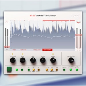 May include: A digital audio interface displaying "WEISS COMPRESSOR/LIMITER". It features a waveform graph, control knobs, and labeled buttons for audio processing. The interface has a white background with black and red accents, and metric measurements.