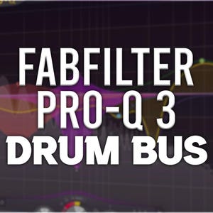 May include: A digital audio workstation (DAW) interface with the text "FABFILTER PRO-Q 3 DRUM BUS" in bold white letters. The background features a dark purple gradient with colorful audio frequency curves.