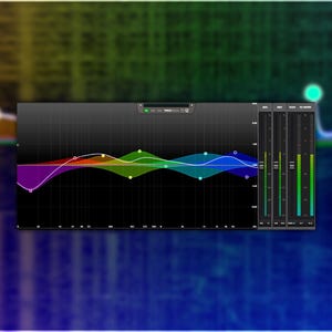 Puede incluir: Interfaz de estación de trabajo de audio digital con fondo negro, que muestra una forma de onda colorida y controles deslizantes verticales. La forma de onda abarca un espectro de colores, del morado al azul, con marcadores blancos.