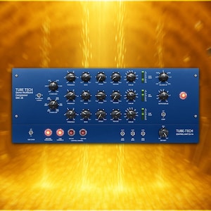 May include: A blue Tube-Tech audio compressor with multiple knobs and dials. The device has the text "TUBE-TECH" and "Stereo/Multiband Compressor SMC 2B" printed on it. The background is a blurred golden colour.