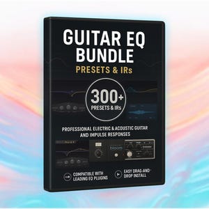 May include: Black box with the text "Guitar EQ Bundle Presets & IRs" and "300+ Presets & IRs". The box features a screenshot of a guitar equalizer interface and the text "Professional Electric & Acoustic Guitar and Impulse Responses".