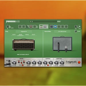 May include: A digital interface for a guitar amplifier, featuring a green background with two amplifier models. The interface displays various controls, including volume, treble, and bass, with the word "Enigmatic" visible.