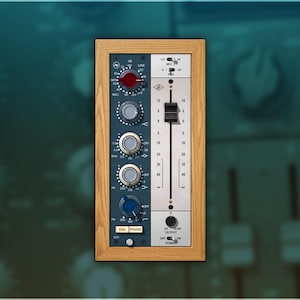 May include: A rectangular audio equipment panel with a wooden frame. The panel features various knobs, switches, and a vertical slider. The color scheme includes shades of blue, gray, and red, with white markings and text. The panel is designed for audio mixing and recording.
