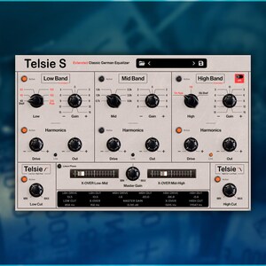 May include: A digital audio equalizer interface labeled "Telsie S" with knobs and sliders for adjusting low, mid, and high frequencies. The interface has a light gray background with black knobs and white text.