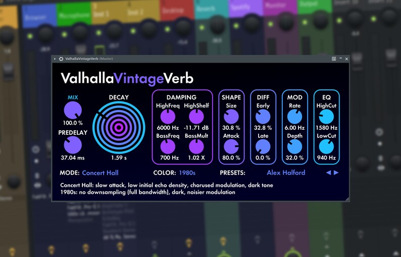 Valhalla VintageVerb is a powerful reverb plugin designed to deliver lush, atmospheric sound inspired by vintage digital hardware from the 1970s and 1980s. With 18 high-quality reverb algorithms including plate, room, hall, chamber, and nonlinear modes, it offers deep control over decay, modulation, tone shaping, and diffusion. Ideal for music production, mixing, and sound design, it enhances vocals, drums, synths, and more. Perfect for achieving retro or modern ambience