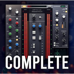 May include: A digital audio mixing console with a red and black colour scheme. The console has a variety of knobs, buttons, and sliders. The text "Solid State Logic Channel Strip 2" is displayed on the console. The text "COMPLETE" is displayed in large white letters at the bottom of the image.