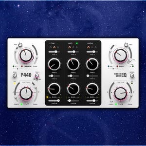 May include: A white audio equalizer with black and pink detailing, featuring numerous knobs and sliders. The device has the text "P440" and "Sweet Spot EQ" printed on it. The background is a dark blue with a starry pattern.