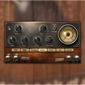 May include: A vintage-style audio mixer with knobs, switches, and a meter. The mixer has a dark metal faceplate with labels like "Sensitivity" and "Output." The lower section is wood-toned with labeled buttons for various audio sources. Cables are connected to the mixer.