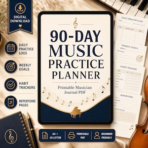 May include: A digital download music practice planner with a navy blue cover. The cover reads "90-Day Music Practice Planner" with a piano graphic. Includes daily practice logs, weekly goals, habit trackers, and repertoire pages. Beginner friendly.