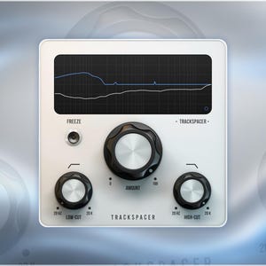 May include: A digital audio plugin interface labeled TRACKSPACER featuring a central display showing frequency curves, a large central knob labeled AMOUNT, and two smaller knobs labeled LOW-CUT and HIGH-CUT, with a small circular FREEZE button.