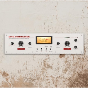 May include: White Opto Compressor audio equipment with knobs, switches, and a meter. The text "OPTO COMPRESSOR" is printed in red. The equipment is mounted on a textured wall.