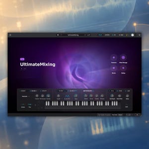 May include: A digital audio workstation interface titled UltimateMixing, featuring a dark purple and black color scheme with a central swirling nebula graphic, a virtual piano keyboard, and various control knobs and settings menus.
