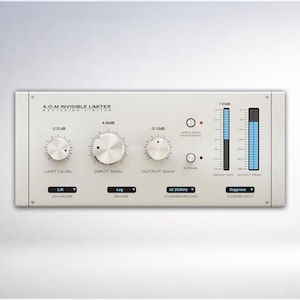 Puede incluir: Un limitador de audio plateado con múltiples perillas y controles deslizantes. El dispositivo tiene el texto "A.O.M Invisible Limiter" en la parte superior. Cuenta con controles para el nivel límite, la ganancia de entrada, la ganancia de salida y el sobremuestreo. Se ven indicadores de nivel azules y negros.