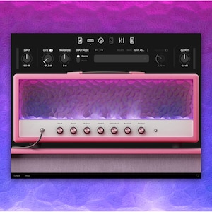 May include: A pink and white audio amplifier with a black control panel. The amplifier has a handle and several knobs and buttons. The background is a gradient of purple and pink.