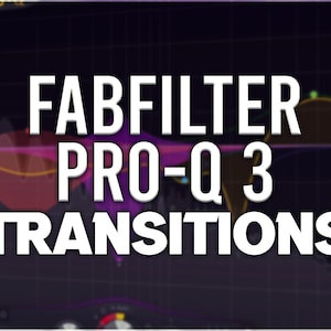 May include: A screenshot of a computer screen showing a purple and black background with a white grid. The text "FABFILTER PRO-Q 3 TRANSITIONS" is displayed in white bold letters. A yellow and green line graph is visible in the background.