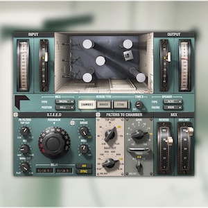 May include: A teal and grey audio effects unit with numerous knobs, sliders, and meters. It includes input and output sections, a reverb chamber, and various filter controls. The design is reminiscent of vintage studio equipment.