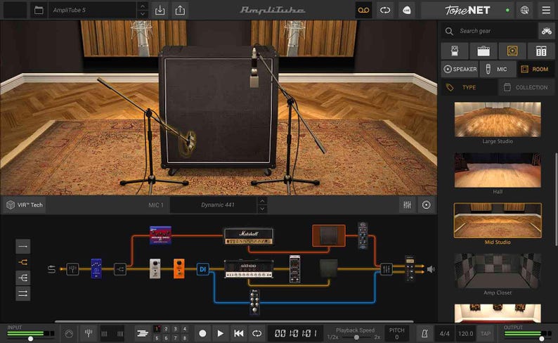 AmpliTube 5 is a comprehensive guitar and bass tone studio that emulates legendary amps, cabinets, stompboxes, and rack effects with stunning realism. Featuring an intuitive signal chain, advanced cabinet miking, and a massive gear collection, it’s ideal for crafting tones from clean and ambient to heavy and aggressive. Perfect for guitarists, producers, and tone enthusiasts, AmpliTube 5 delivers professional-quality sound and flexibility for recording, practicing, or live performance