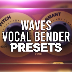 Pode incluir: Close-up de uma interface de plugin Waves Vocal Bender com botões rotulados como "Pitch", "Formant" e "Vo. Bal". O texto "WAVES VOCAL BENDER PRESETS" é exibido em branco sobre um fundo preto.