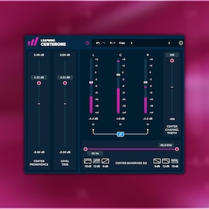 Könnte beinhalten: Digitales Audio-Interface mit dunkelblauer Oberfläche und rosa Akzenten. Die Oberfläche verfügt über Schieberegler, Drehregler und Textbeschriftungen, einschließlich "LEAPWING CENTERONE". Der Hintergrund ist ein Farbverlauf aus Rosa und Lila.