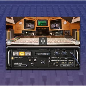 May include: A black audio interface with various knobs and buttons, labeled "Headphone EQ" and "Head Tracking." The interface is set against a backdrop of a recording studio with speakers and mixing consoles.