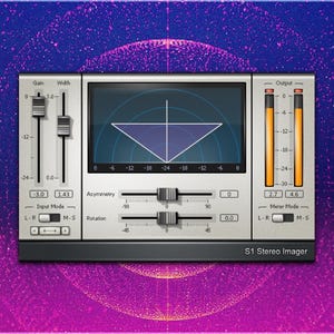 Op de afbeelding: Een digitale audioverwerkingsinterface met een zilver en zwart ontwerp. Het heeft schuifregelaars, meters en een centraal display met een geometrische vorm. De interface is gelabeld "S1 Stereo Imager" en heeft een paarse en blauwe achtergrond.
