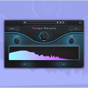 Op de afbeelding: Een digitale audio-interface met een donkergrijs en blauwgroen ontwerp. De interface heeft de tekst "Tuned Reverb" en verschillende knoppen met de labels "Pre Delay", "Time" en "Width". Onderaan is een golfvormweergave zichtbaar.