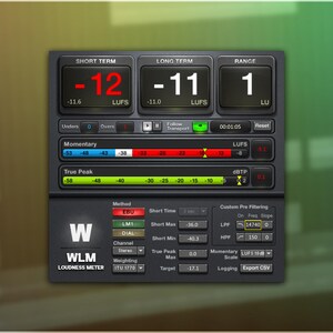 Puede incluir: Interfaz de medidor de sonoridad de audio digital con un fondo gris oscuro. La interfaz muestra los niveles de audio en tiempo real, incluidos los valores a corto plazo, a largo plazo y de rango. El texto "WLM LOUDNESS METER" es visible.