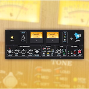 May include: A black audio mixing console with knobs and buttons. The console has a blue and white logo that says "api 2500".