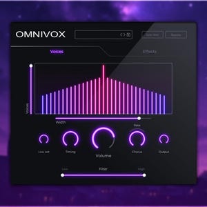 Pode incluir: Interface de estação de trabalho de áudio digital (DAW) com o texto "OMNIVOX". A interface apresenta um visualizador com um gradiente roxo e rosa, juntamente com controles de volume, chorus e filtro. O fundo é um gradiente roxo com um céu noturno.