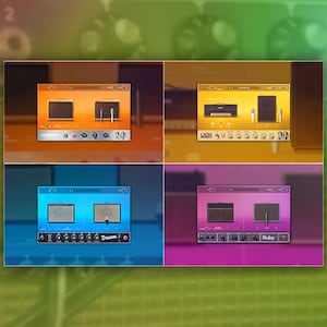 Puede incluir: Se muestran cuatro ventanas de interfaz de estación de trabajo de audio digital (DAW) con varios diseños y controles. Las ventanas están sobre un fondo degradado de verde, amarillo y azul. La ventana inferior izquierda tiene la palabra "Dream".