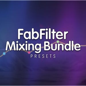 Könnte beinhalten: Digitalgrafik mit blauem und violettem Farbverlauf. Der Text "FabFilter Mixing Bundle" ist weiß, darunter "Presets". Eine geschwungene Linie mit farbigen Punkten akzentuiert den Text.